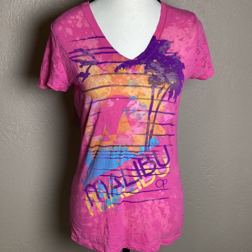 Vintage Ocean Pacific OP Hot Pink Malibu Sunset Burnout Graphic T-Shirt Women's